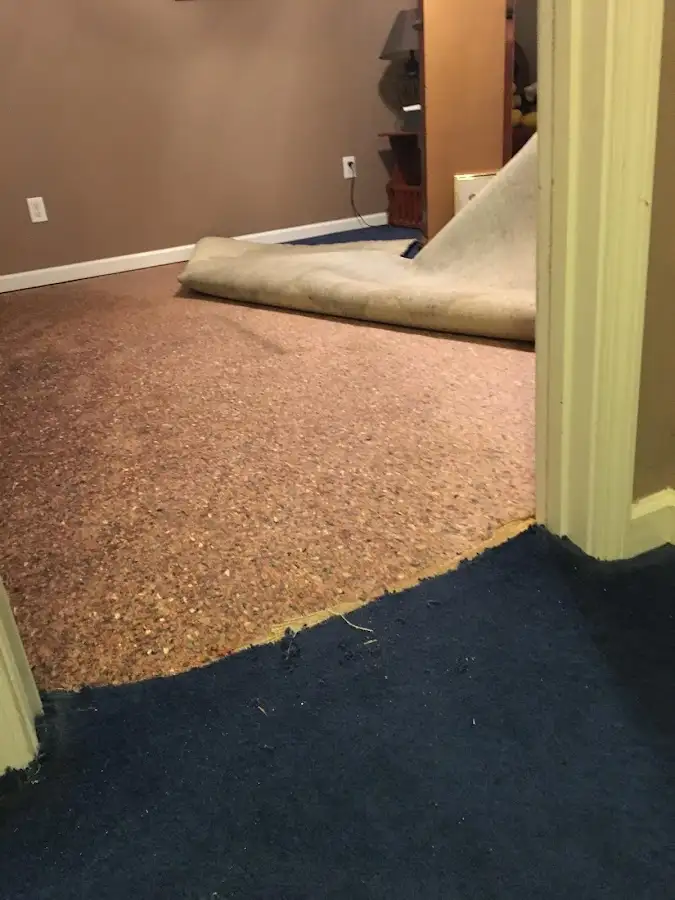Carpet pad removal revealing water damage during Water Mitigation Services in Boone